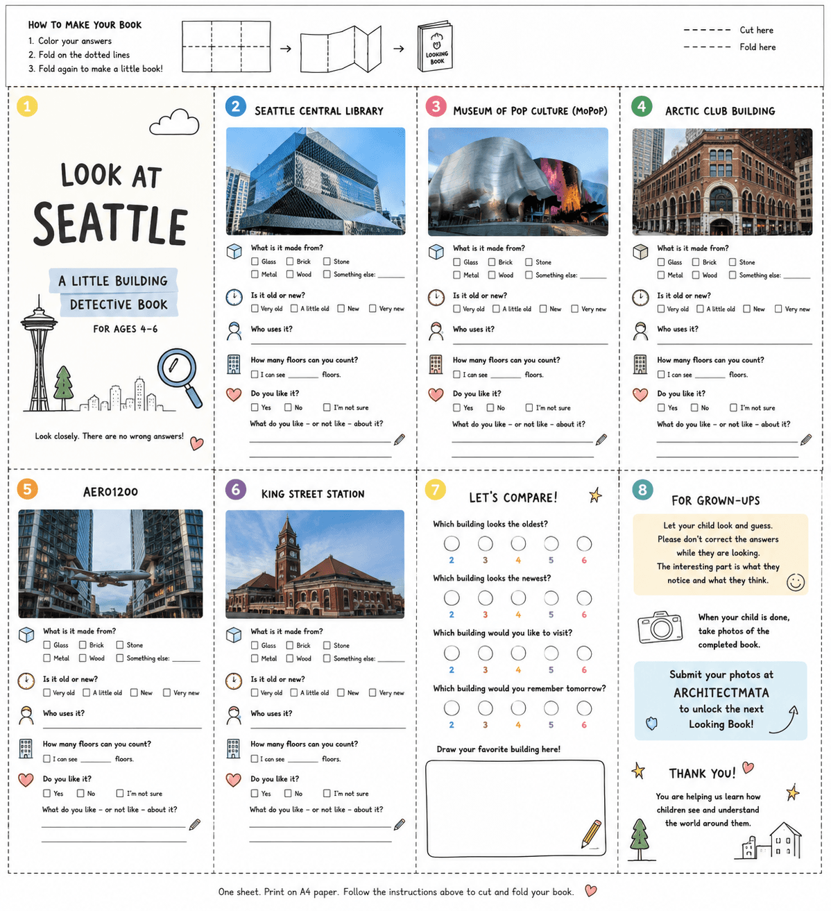 Look at Seattle building detective mini-book printable for ages 4 to 6