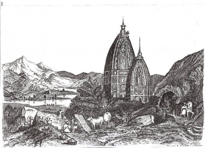 Detailed heritage drawing of a temple in a mountain landscape